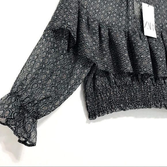 New! ZARA Metallic Thread Ruffles Smock Cropped Printed Blouse Top - Picture 11 of 16